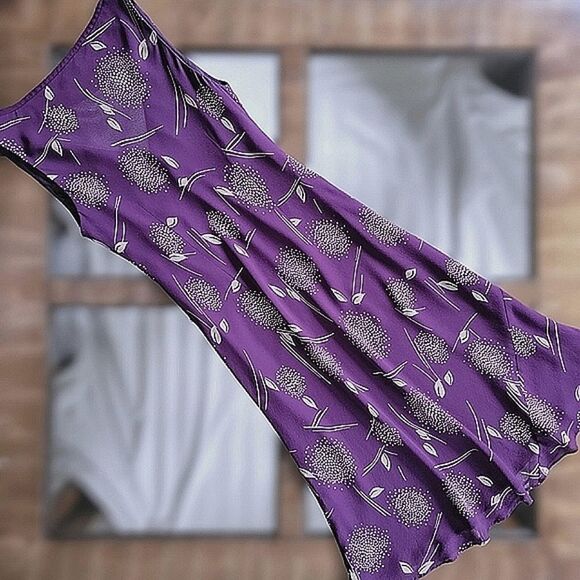 Vtg Y2K plum silk chiffon floral print sleeveless midi dress - Picture 4 of 14